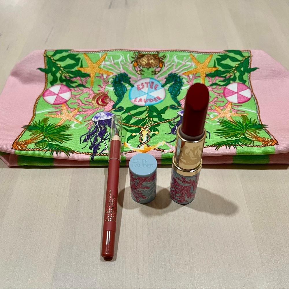 3-piece Estee Lauder set limited lipstick cosmetic bag & lipliner